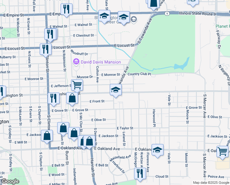 map of restaurants, bars, coffee shops, grocery stores, and more near 1201 East Washington Street in Bloomington