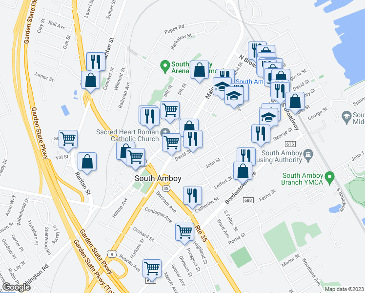 map of restaurants, bars, coffee shops, grocery stores, and more near 515 Washington Avenue in South Amboy