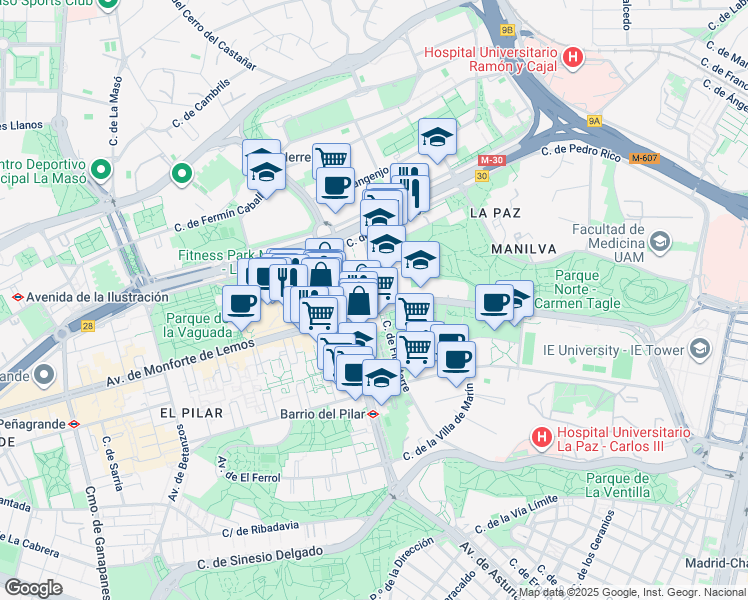 map of restaurants, bars, coffee shops, grocery stores, and more near 28 Avenida de Monforte de Lemos in Madrid
