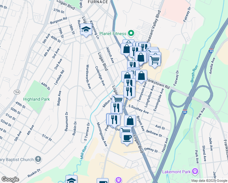 map of restaurants, bars, coffee shops, grocery stores, and more near 406-452 Logan Boulevard in Altoona