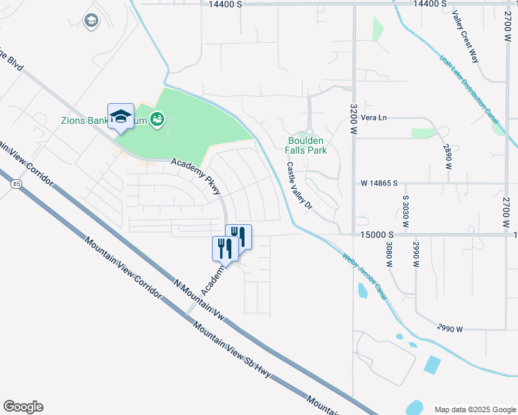 map of restaurants, bars, coffee shops, grocery stores, and more near 14903 Messi Street in Herriman