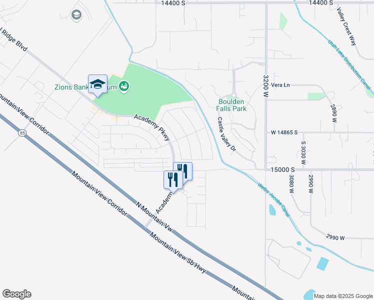 map of restaurants, bars, coffee shops, grocery stores, and more near 14903 Messi Street in Herriman