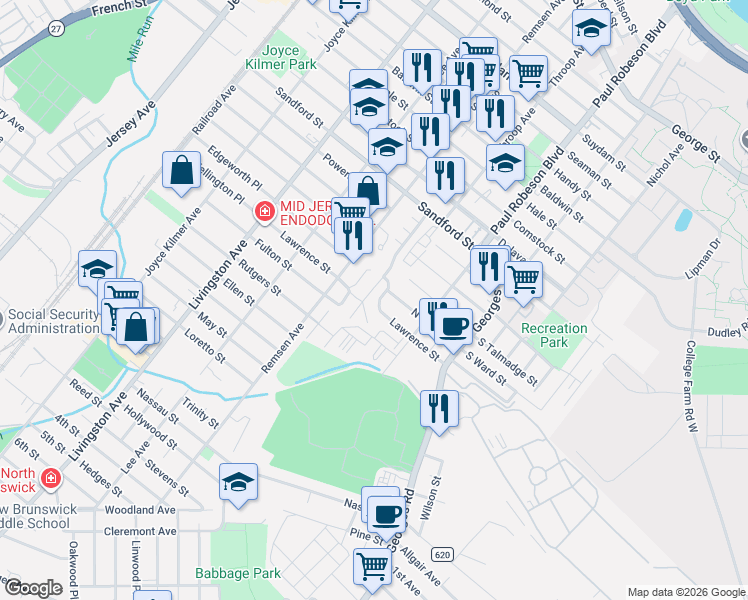 map of restaurants, bars, coffee shops, grocery stores, and more near 134 Lawrence Street in New Brunswick