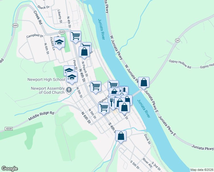 map of restaurants, bars, coffee shops, grocery stores, and more near 166 North 2nd Street in Newport