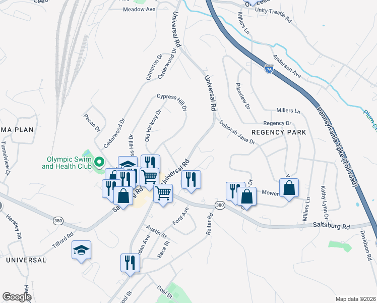 map of restaurants, bars, coffee shops, grocery stores, and more near 3042 Universal Road in Pittsburgh
