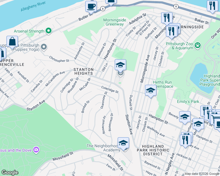 map of restaurants, bars, coffee shops, grocery stores, and more near in Pittsburgh
