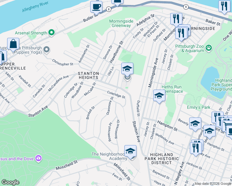 map of restaurants, bars, coffee shops, grocery stores, and more near in Pittsburgh