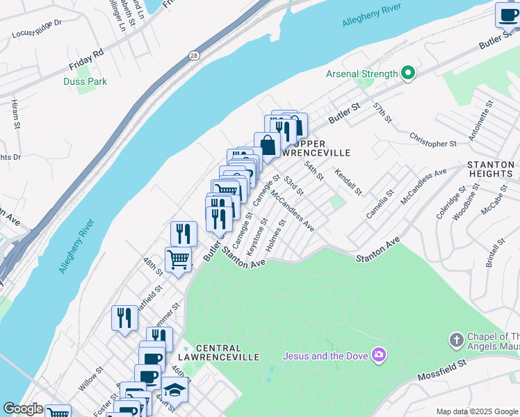 map of restaurants, bars, coffee shops, grocery stores, and more near in Pittsburgh