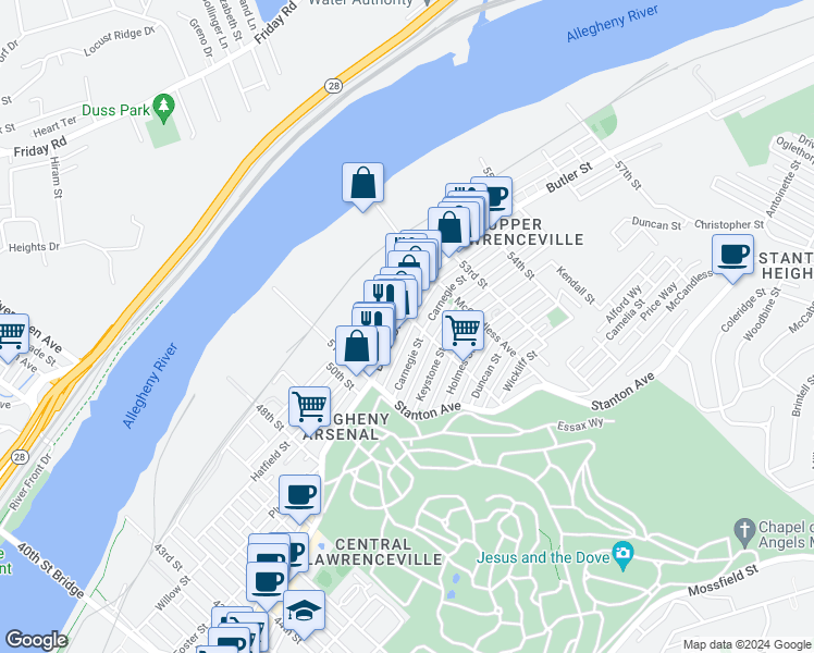 map of restaurants, bars, coffee shops, grocery stores, and more near in Pittsburgh