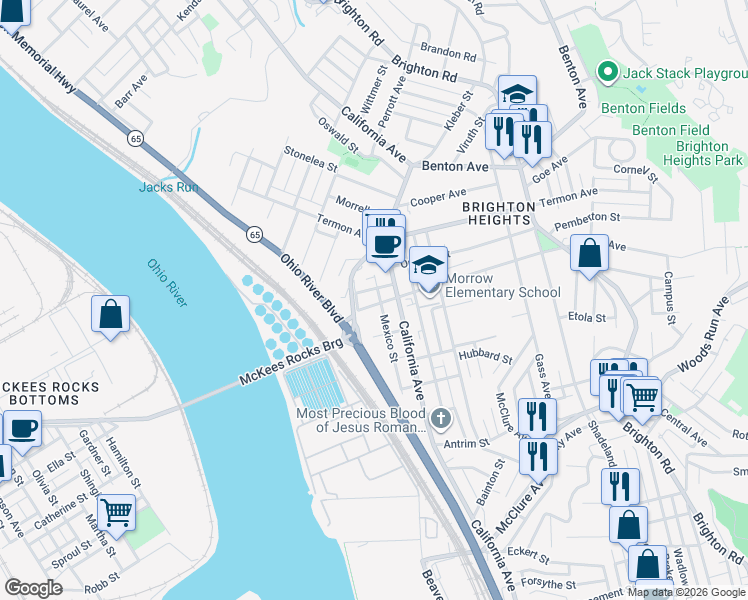 map of restaurants, bars, coffee shops, grocery stores, and more near 3615 California Avenue in Pittsburgh