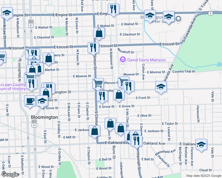 map of restaurants, bars, coffee shops, grocery stores, and more near 817 1/2 East Jefferson Street in Bloomington
