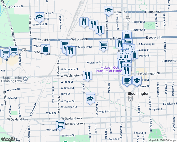 map of restaurants, bars, coffee shops, grocery stores, and more near 713 West Jefferson Street in Bloomington