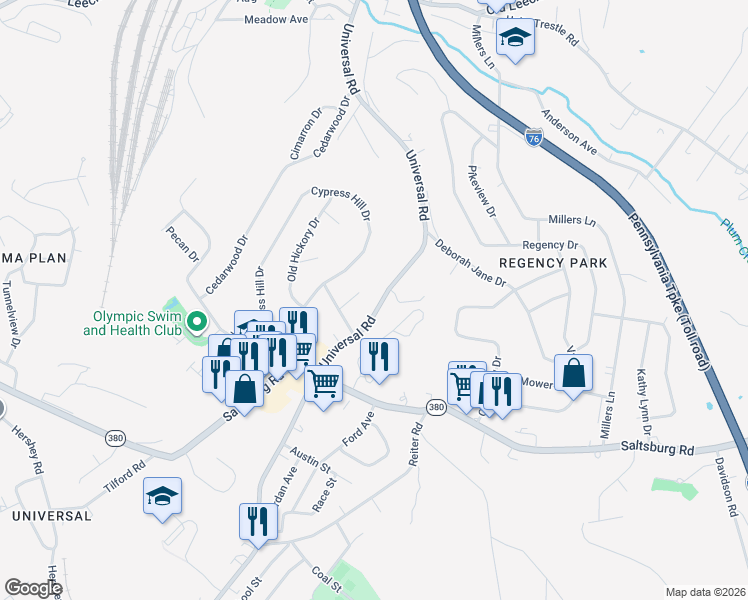 map of restaurants, bars, coffee shops, grocery stores, and more near 3042 Universal Road in Pittsburgh