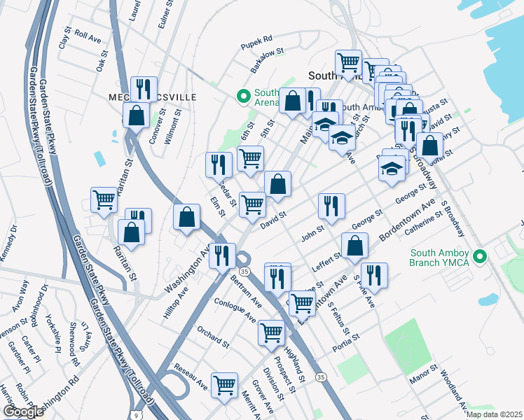 map of restaurants, bars, coffee shops, grocery stores, and more near 501 Main Street in South Amboy