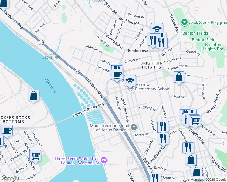 map of restaurants, bars, coffee shops, grocery stores, and more near 3615 California Avenue in Pittsburgh