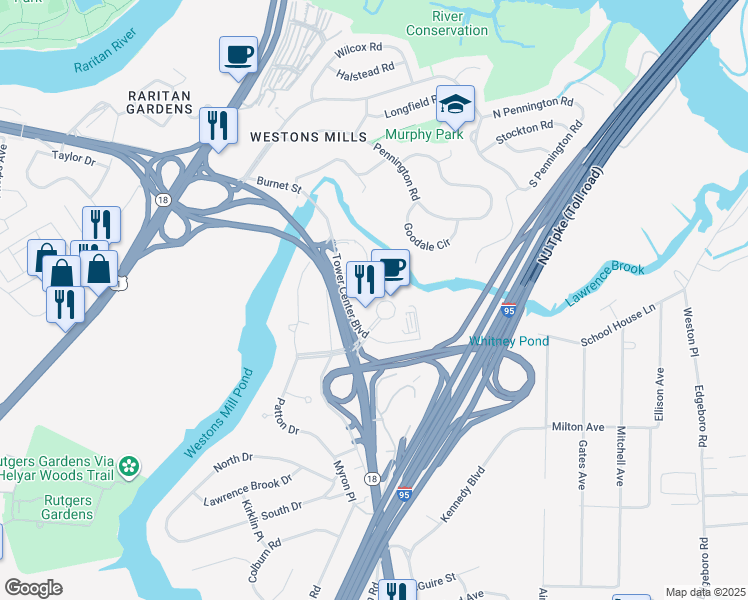 map of restaurants, bars, coffee shops, grocery stores, and more near 2 Tower Center Boulevard in East Brunswick
