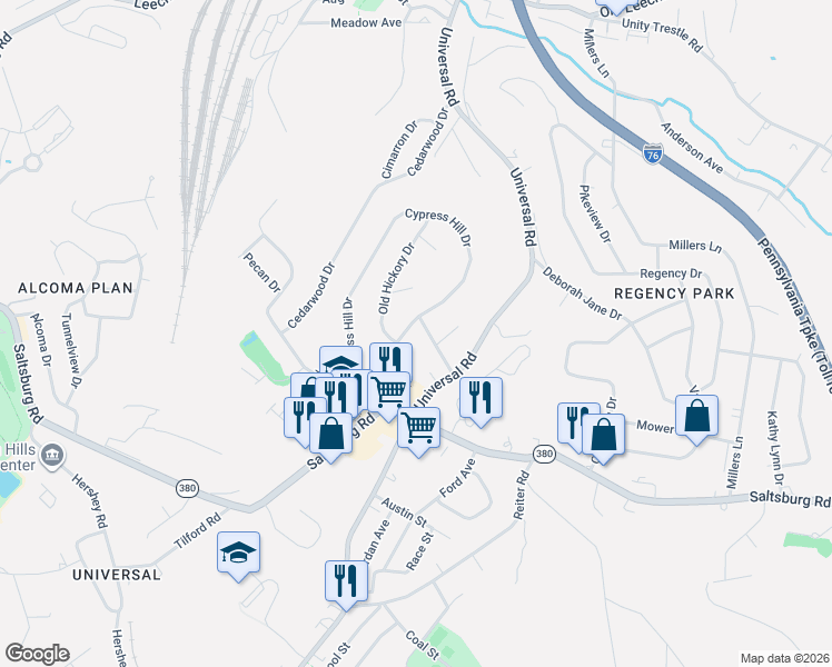 map of restaurants, bars, coffee shops, grocery stores, and more near 165 Cypress Hill Drive in Pittsburgh