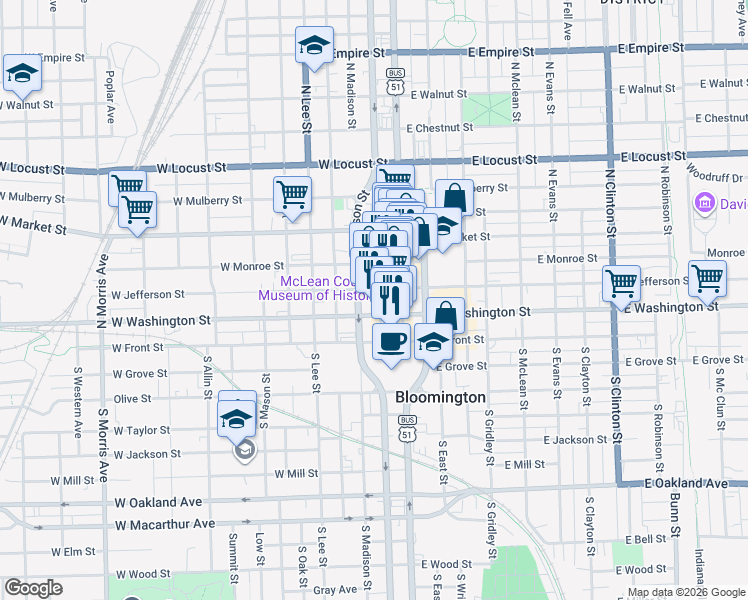 map of restaurants, bars, coffee shops, grocery stores, and more near 212 North Center Street in Bloomington
