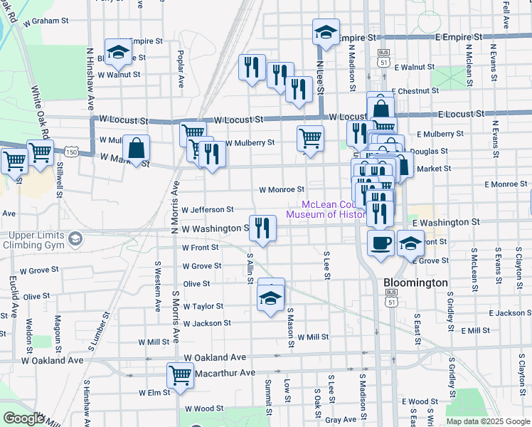 map of restaurants, bars, coffee shops, grocery stores, and more near 713 West Jefferson Street in Bloomington