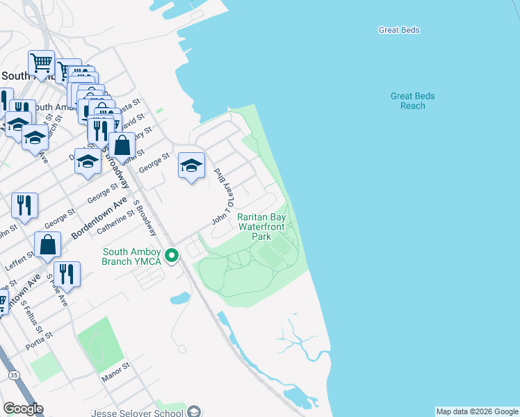 map of restaurants, bars, coffee shops, grocery stores, and more near 37 South Shore Drive in South Amboy