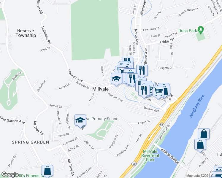 map of restaurants, bars, coffee shops, grocery stores, and more near 619 Farragut Street in Pittsburgh