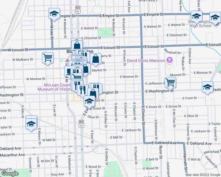 map of restaurants, bars, coffee shops, grocery stores, and more near 408 East Washington Street in Bloomington