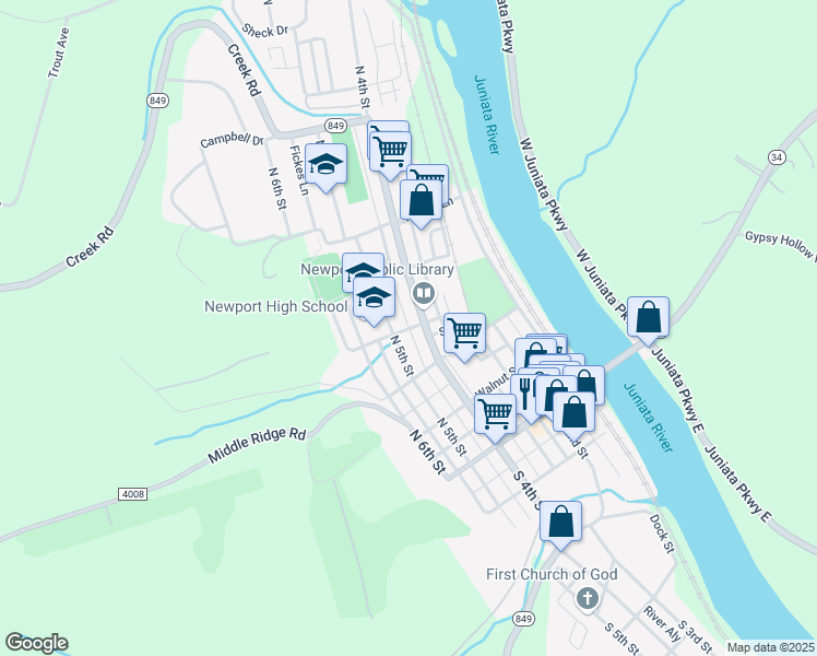 map of restaurants, bars, coffee shops, grocery stores, and more near 500 Caroline Street in Newport