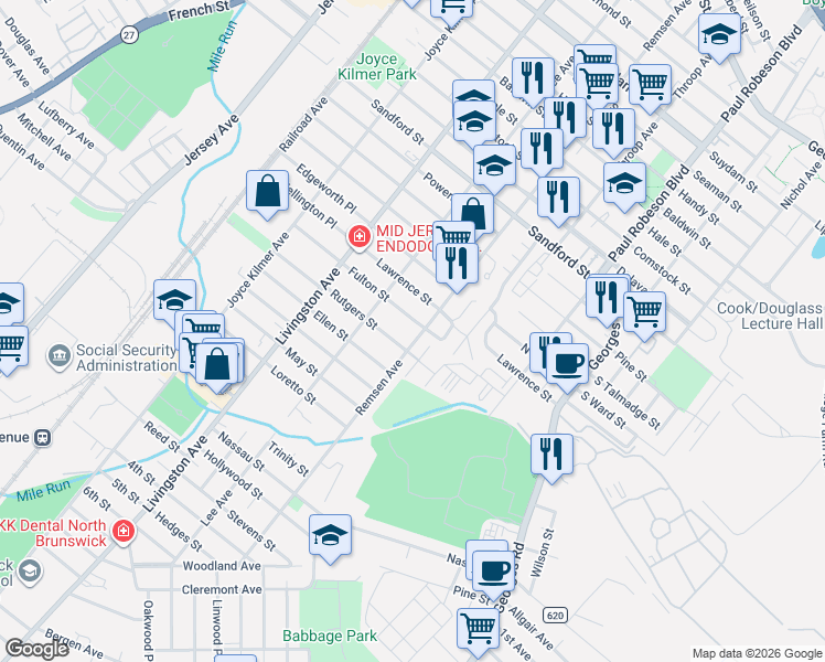 map of restaurants, bars, coffee shops, grocery stores, and more near 171 Fulton Street in New Brunswick