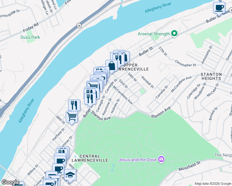 map of restaurants, bars, coffee shops, grocery stores, and more near in Pittsburgh