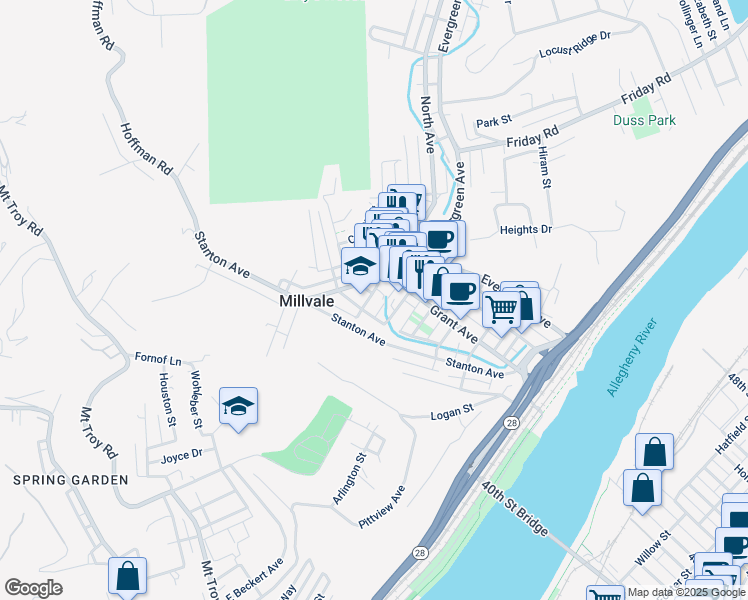 map of restaurants, bars, coffee shops, grocery stores, and more near 130 Howard Street in Millvale
