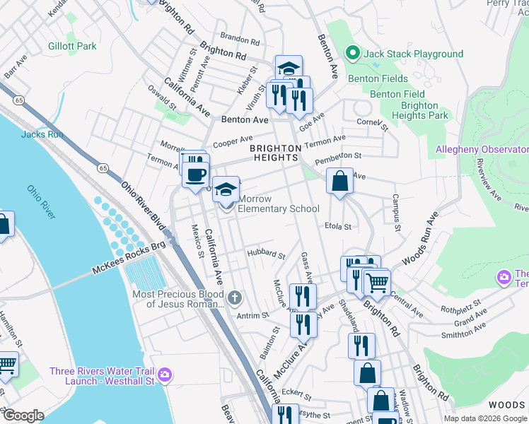 map of restaurants, bars, coffee shops, grocery stores, and more near 1427 Davis Avenue in Pittsburgh