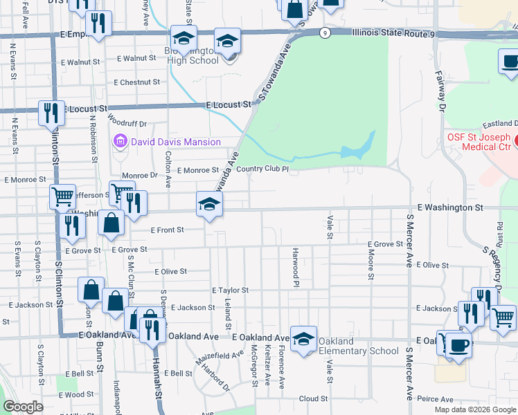 map of restaurants, bars, coffee shops, grocery stores, and more near 1219 East Jefferson Street in Bloomington