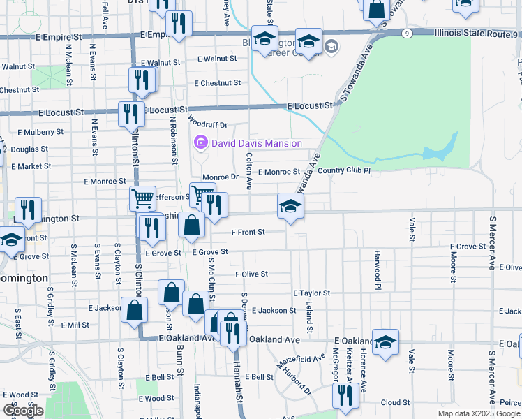 map of restaurants, bars, coffee shops, grocery stores, and more near 1103 East Jefferson Street in Bloomington