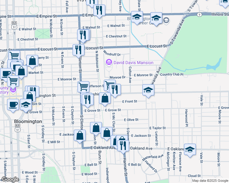 map of restaurants, bars, coffee shops, grocery stores, and more near 1003 East Jefferson Street in Bloomington