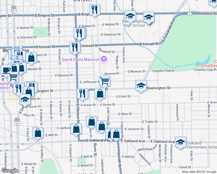 map of restaurants, bars, coffee shops, grocery stores, and more near 1003 East Jefferson Street in Bloomington