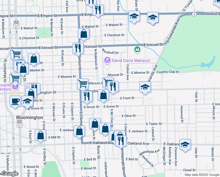 map of restaurants, bars, coffee shops, grocery stores, and more near 1003 East Jefferson Street in Bloomington