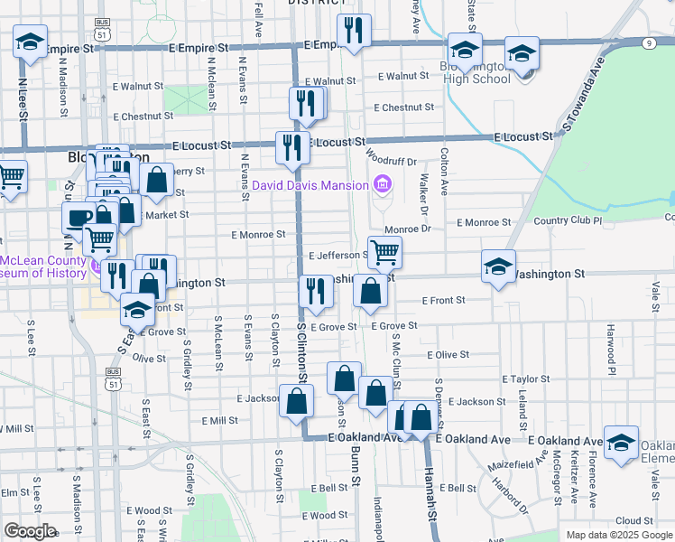 map of restaurants, bars, coffee shops, grocery stores, and more near 817 1/2 East Jefferson Street in Bloomington