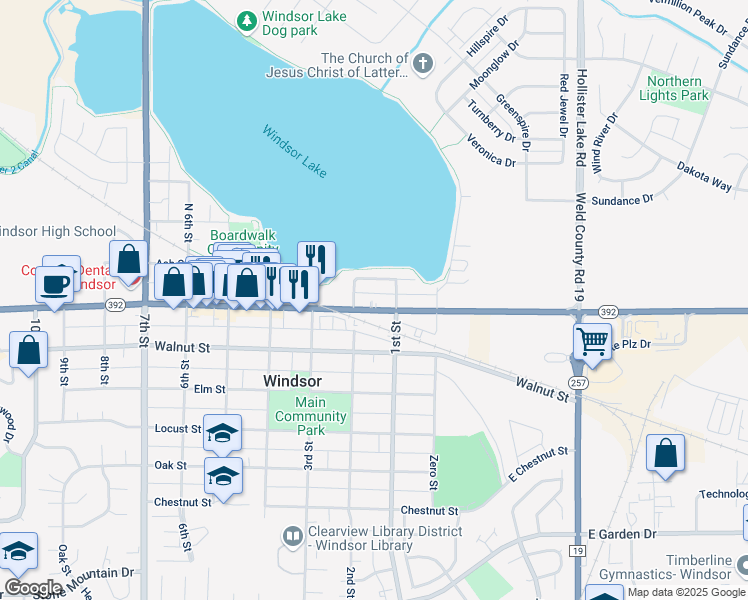 map of restaurants, bars, coffee shops, grocery stores, and more near 121 Ash Street in Windsor