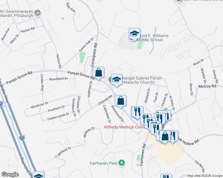 map of restaurants, bars, coffee shops, grocery stores, and more near 340 Forest Grove Road in Coraopolis