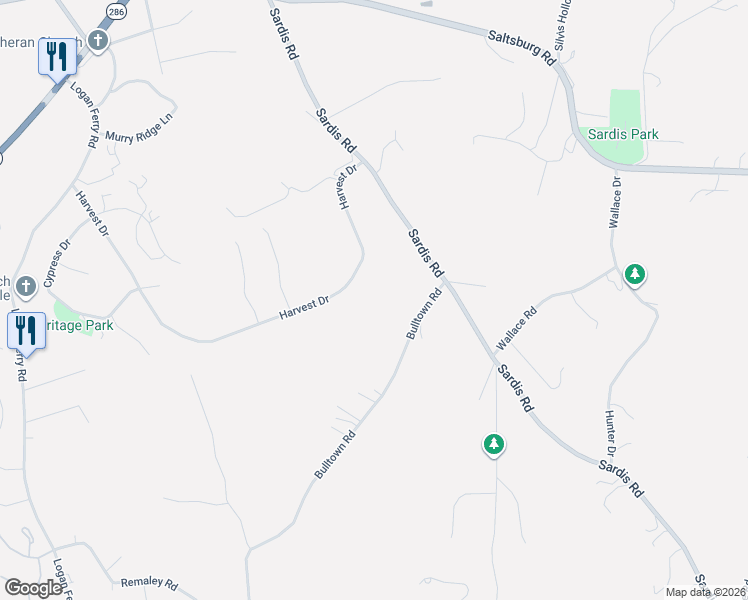 map of restaurants, bars, coffee shops, grocery stores, and more near 5061 Sardis Road in Murrysville
