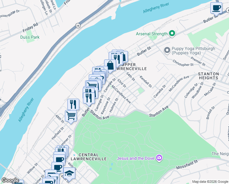 map of restaurants, bars, coffee shops, grocery stores, and more near in Pittsburgh
