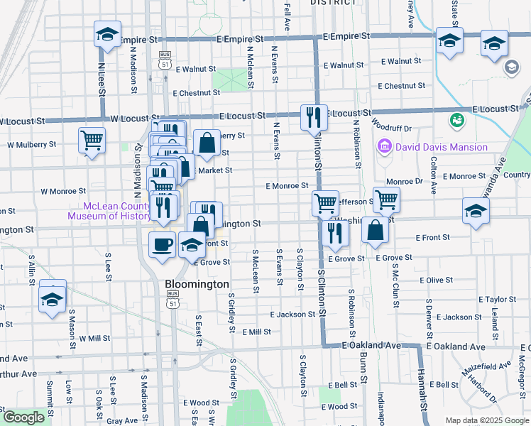 map of restaurants, bars, coffee shops, grocery stores, and more near 510 East Washington Street in Bloomington