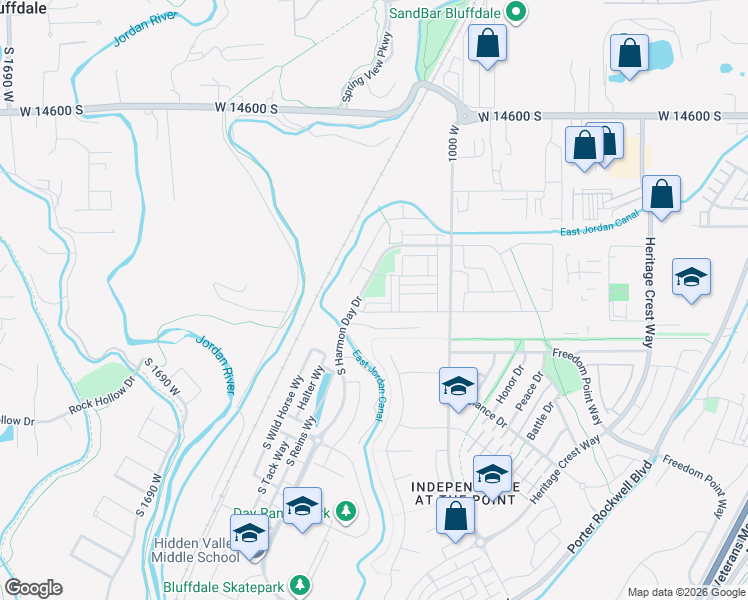 map of restaurants, bars, coffee shops, grocery stores, and more near 14899 South Slick Horn Cove in Bluffdale