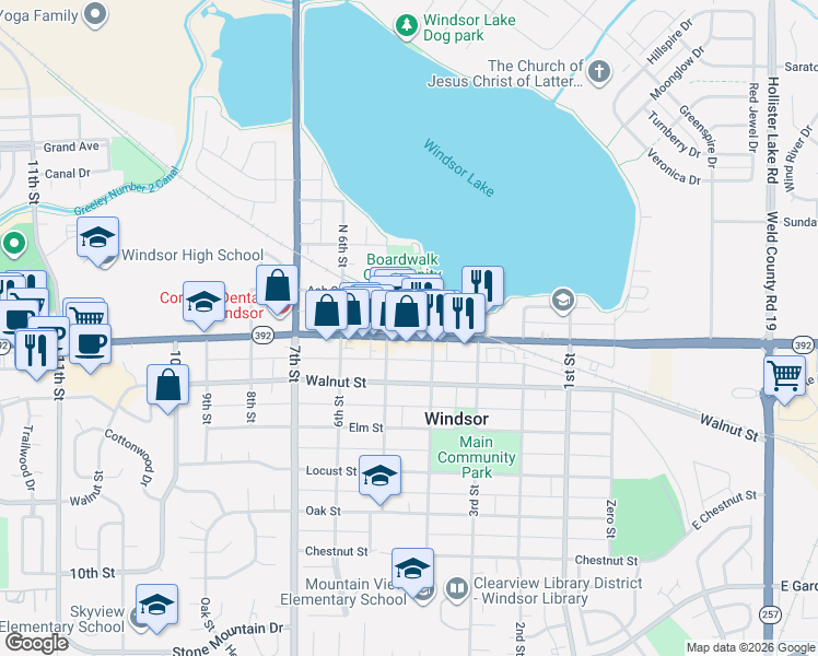 map of restaurants, bars, coffee shops, grocery stores, and more near 418 Ash Street in Windsor