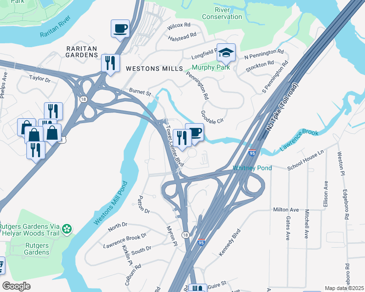 map of restaurants, bars, coffee shops, grocery stores, and more near 2 Tower Center Boulevard in East Brunswick