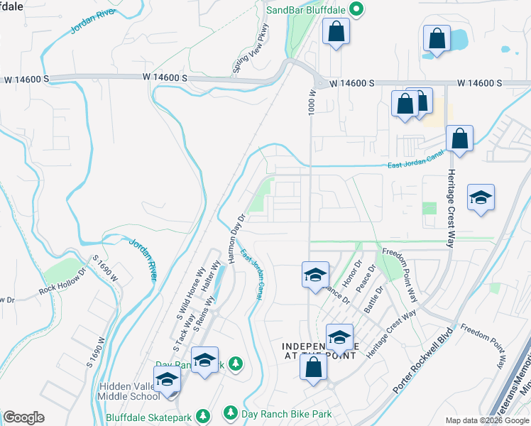 map of restaurants, bars, coffee shops, grocery stores, and more near 14926 South Thunder Horse Lane in Bluffdale