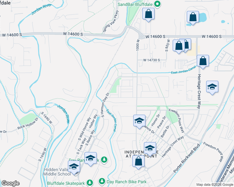 map of restaurants, bars, coffee shops, grocery stores, and more near 14926 South Thunder Horse Lane in Bluffdale