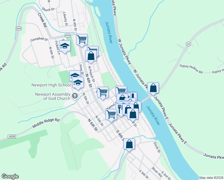 map of restaurants, bars, coffee shops, grocery stores, and more near 166 North 2nd Street in Newport