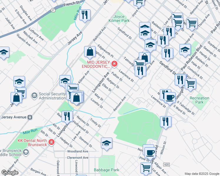 map of restaurants, bars, coffee shops, grocery stores, and more near 202 Rutgers Street in New Brunswick