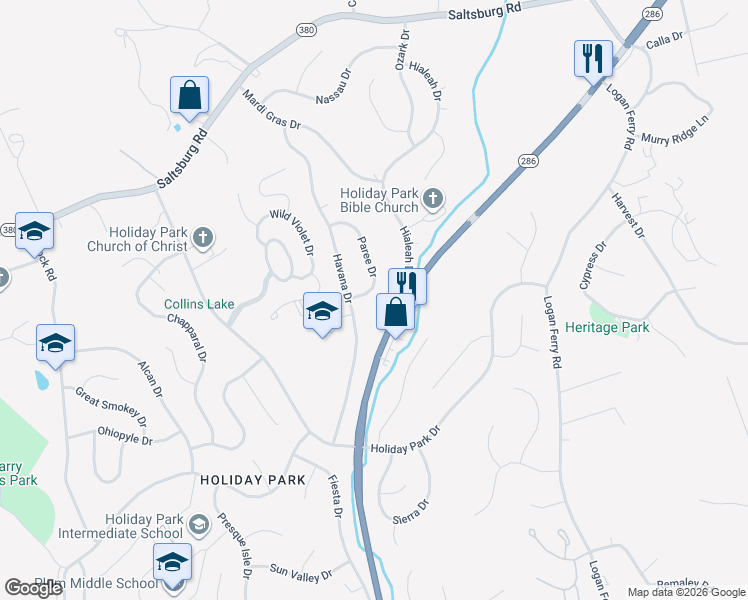 map of restaurants, bars, coffee shops, grocery stores, and more near 109 Paree Drive in Pittsburgh